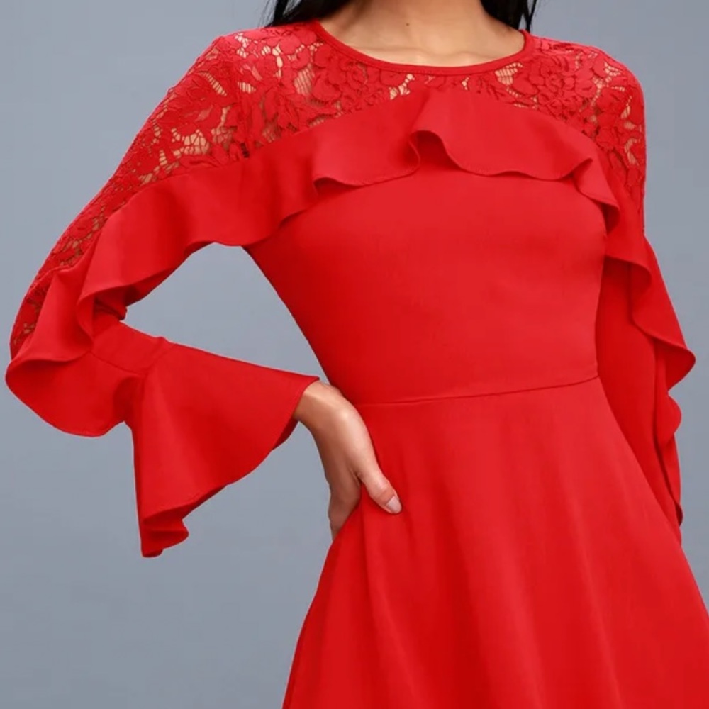 LULU’S NWT SECRET KISS RED LACE LONG SLEEVE DRESS SMALL - Picture 2 of 9